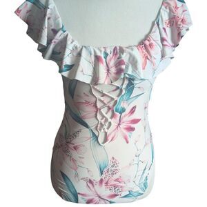 La Blanca Floral Ruffle Off-Shoulder Lace-Up One-Piece Swimsuit US 6